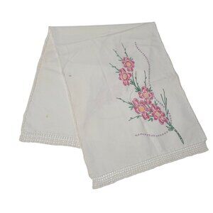 Table Runner Small Vintage Linen Floral Painted 32 Inch Long Lace Edge Handmade